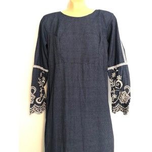 Vtg Festival Dress Maxi Boho Peasant Home-made Blue Cotton S/M LONG TALL